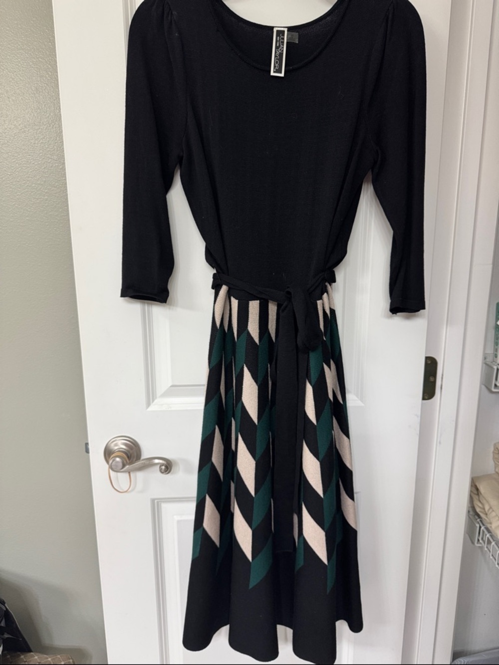 Julian Taylor Black Midi Dress with Green & Cream Chevron Skirt